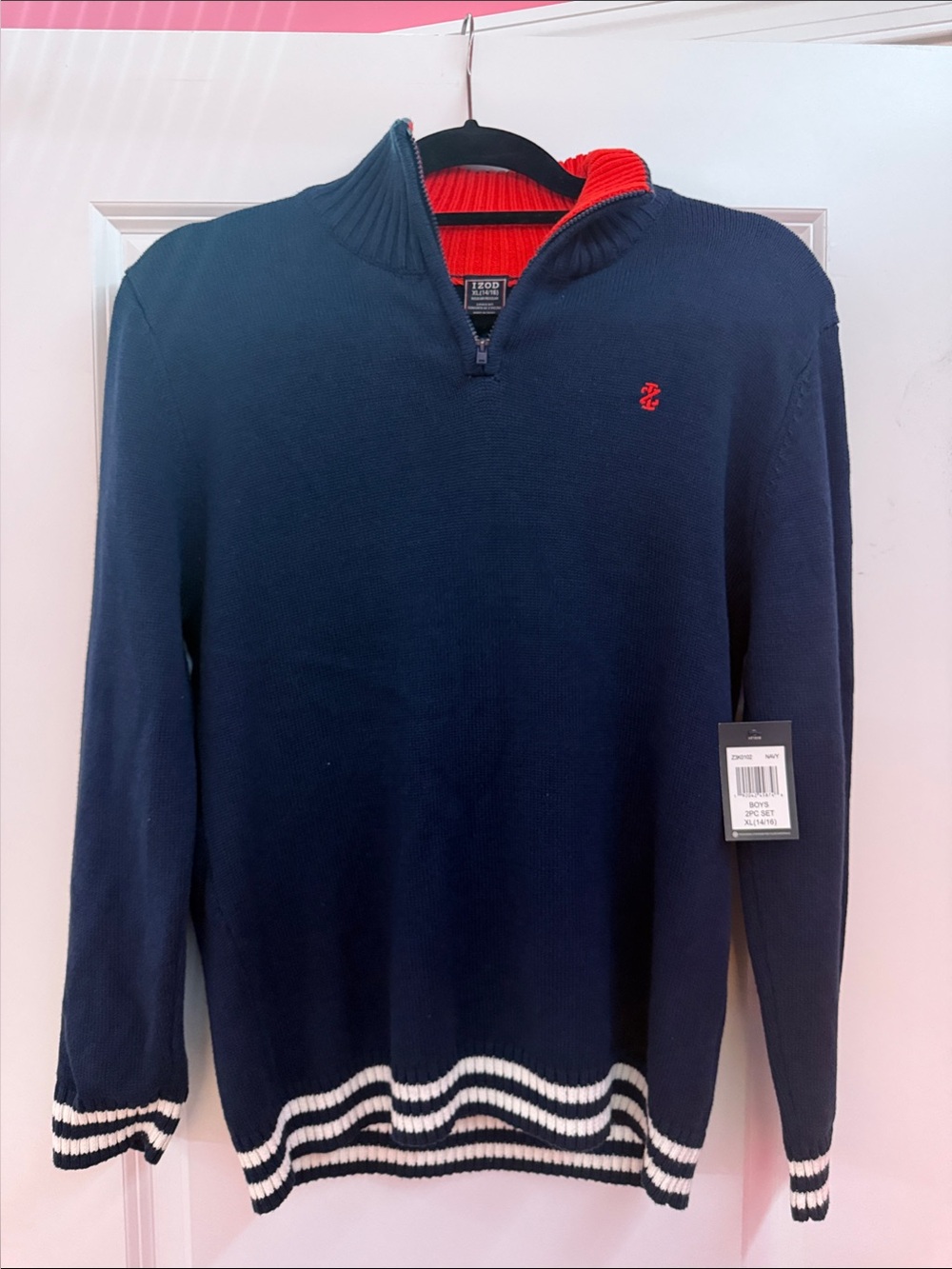 Izod Navy Half-Zip Sweater with Red Lining and White Stripe Trim